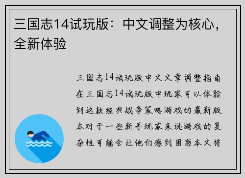 三国志14试玩版：中文调整为核心，全新体验